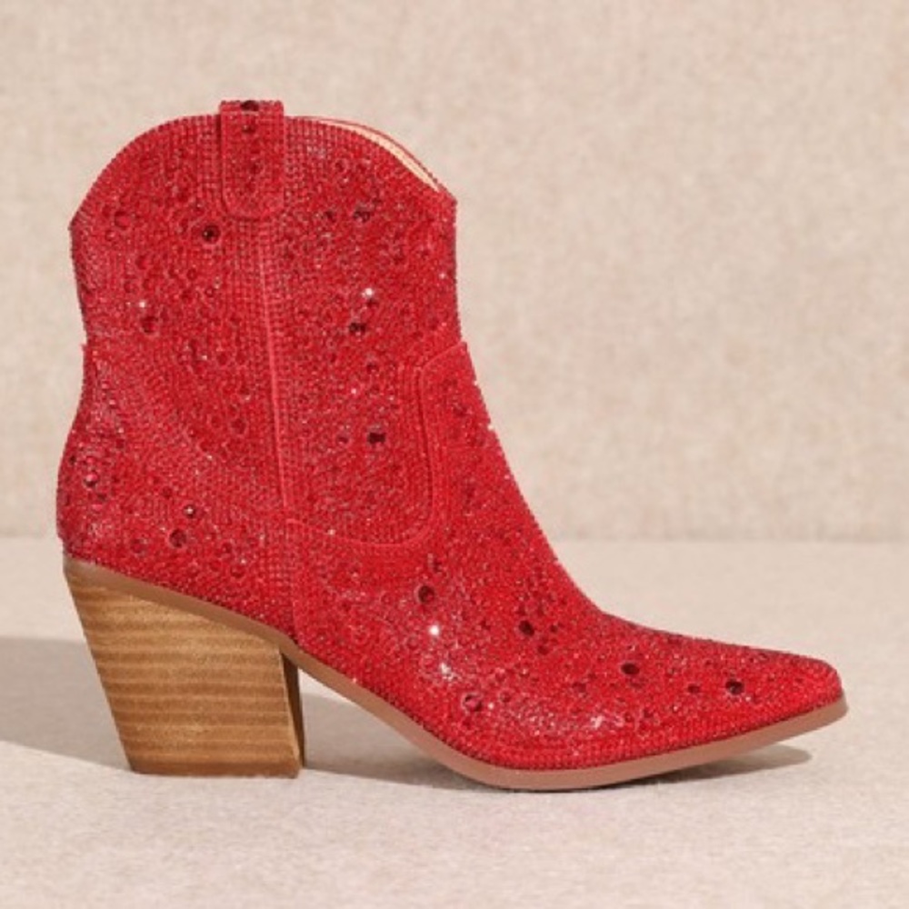 MIIM ANGEL Red Rhinestone Gem Embellished Ankle Western Heeled Cowboy Boots